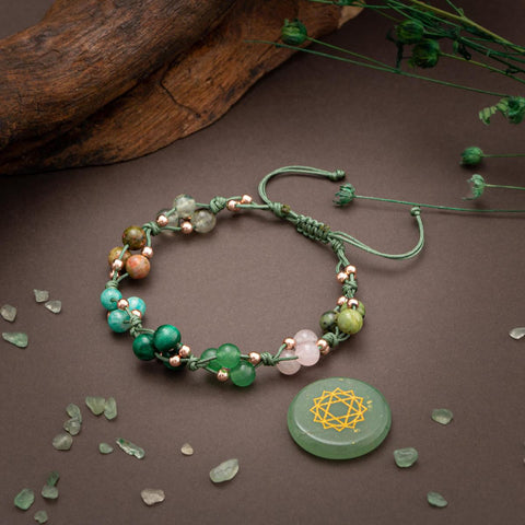 Kalp Çakrası Doğal Taş Bileklik - Prehnit-Unakit-Amazonit-Malakit-Aventurin-Pembe Kuvars-Yeşim