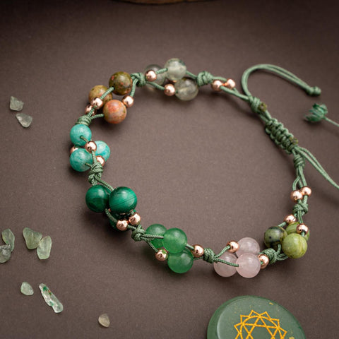 Kalp Çakrası Doğal Taş Bileklik - Prehnit-Unakit-Amazonit-Malakit-Aventurin-Pembe Kuvars-Yeşim