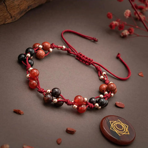 Kök Çakra Doğal Taş Bileklik - Kırmızı Jasper - Lal - Kırmızı Kaplan Gözü - Kırmızı Akik - Siyah Turmalin - Hematit